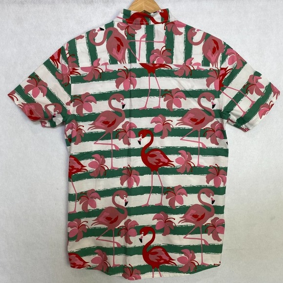 VSTR Button Up Shirt Collar Flamingo Pattern Striped Green White Short Sleeve L - Picture 4 of 9